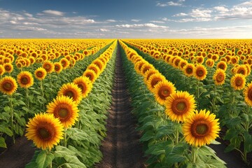 Expansive field of golden sunflowers stretching toward the horizon under a blue sky with fluffy clouds casting playful shadows illuminating nature's vibrant landscape