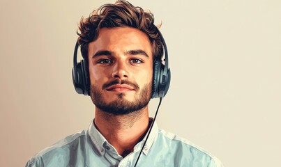 Portrait of a call center professional wearing headphones, consulting with clients over the phone for customer service, telemarketing, or support. The individual exudes confidence, Generative AI