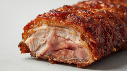 Close up view of a succulent slab of pork ribs with a glossy caramelized glaze highlighting tender meat layers