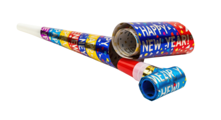 "Happy New Year!" party horn and coiled streamers isolated PNG with Transparent Background
