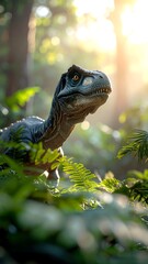 A small, dark-gray dinosaur figurine stands amidst lush foliage, bathed in warm sunlight filtering through the trees