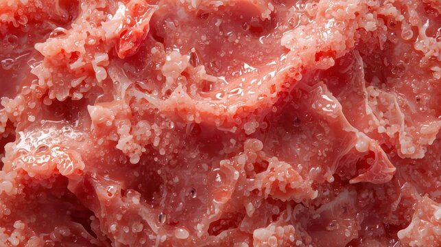 Close up view of raw ground pink meat with visible white fatty deposits and liquid droplets raw meat