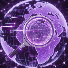 3d illustration of magnifying glass over digital world map with glowing network connections