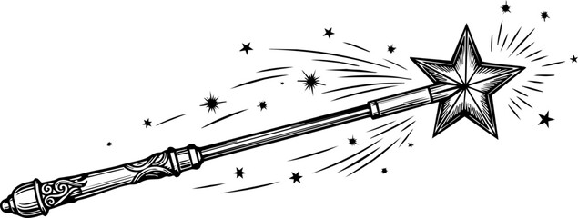 Enchanting magic wand with glowing star and sparkling magical effects, perfect for fantasy themes and whimsical designs. © Vectors Studio