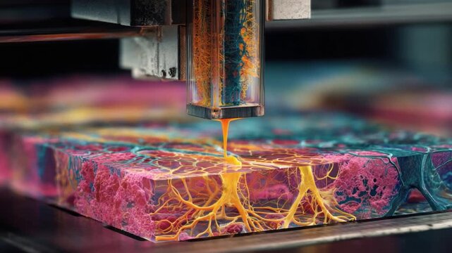 Industrial Artistry: A close-up view of a high-tech printer, meticulously applying vibrant colors to create a stunning piece of abstract art.