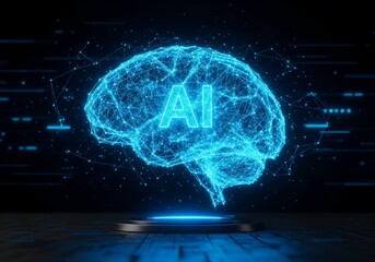 Digital glowing AI brain made of neural network lines and nodes, floating above a futuristic platform, dark background with blue cyber glow