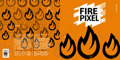 Bold graphic design with repeating flame icons and the text fire pixel on an orange textured background