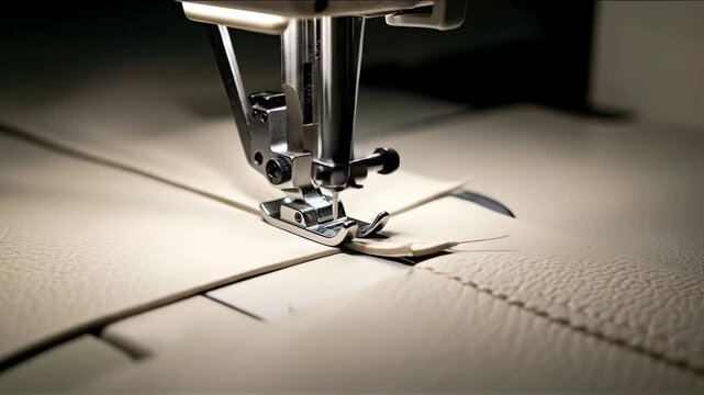 Sewing machine stitching leather strap close-up