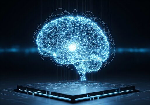 Digital glowing AI brain made of neural network lines and nodes, floating above a futuristic platform, dark background with blue cyber glow