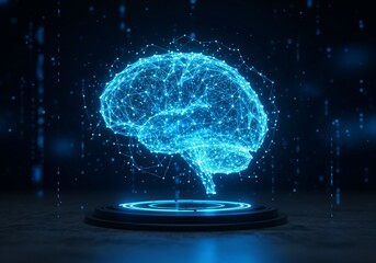 Digital glowing AI brain made of neural network lines and nodes, floating above a futuristic platform, dark background with blue cyber glow
