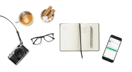 Coffee, notebook and digital equipment flat lay isolated PNG with Transparent Background