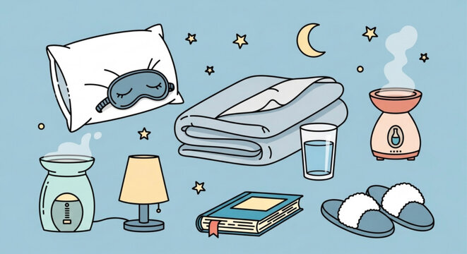 Illustration of bedtime essentials including a pillow, blanket, lamp, and aromatherapy diffuser on blue background