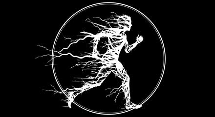 Dynamic runner silhouette energized by lightning streaks, embodying speed, power, and athletic achievement in a striking circular motif © Vectors Studio