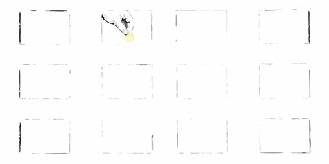Hand dropping a single gold coin into an empty frame in a grid of empty frames