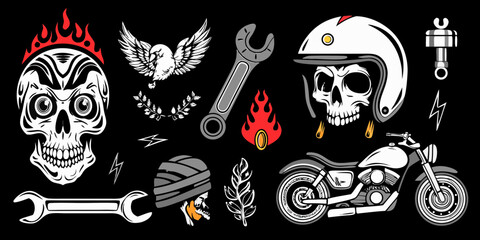 Collection of biker style icons featuring skulls motorcycles helmets wrenches and flaming elements