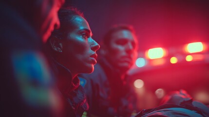 Determined paramedics in emergency vehicle with flashing lights, focused on urgent rescue mission