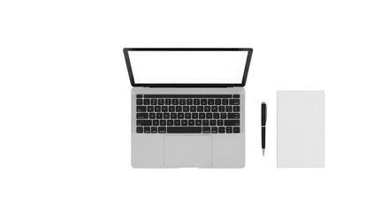 Laptop computer with blank screen, pen, and paper isolated PNG with Transparent Background