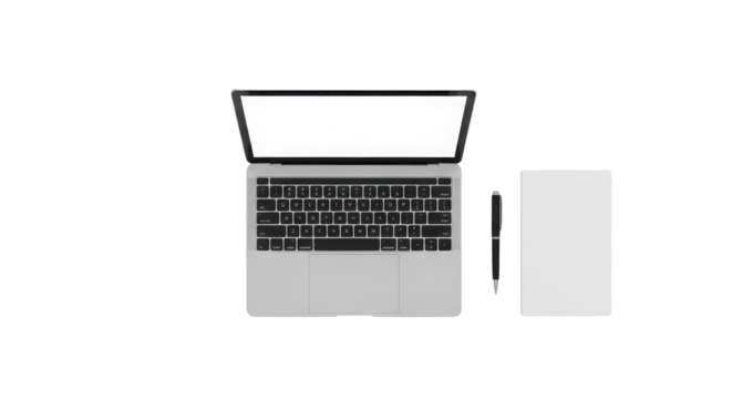 Laptop computer with blank screen, pen, and paper isolated PNG with Transparent Background