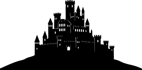 Majestic medieval castle silhouette on hill conveys power history and fantasy adventures for storytelling or design projects © Vectors Studio