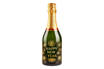 A Happy New Year bottle of sparkling cider with fireworks label, isolated on a transparent background.