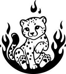 A cute cheetah cub sits centered within stylized black flames, digital art, cartoonish, high detail, playful, no background, black and white.
