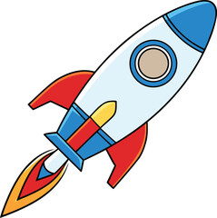 Stylized retro futuristic rocket ship with red fins and blue accents blasting off spaceship space vector illustration EPS file download
