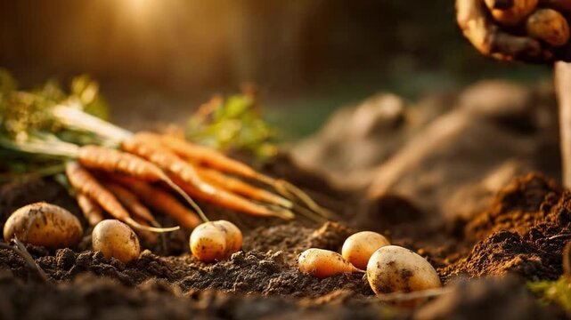 Gloved hands harvest potatoes from the soil in a garden, with carrots visible in the background.