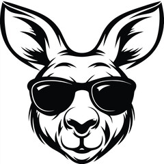 An isolated black and white kangaroo head displays cool sunglasses in a simple outline
