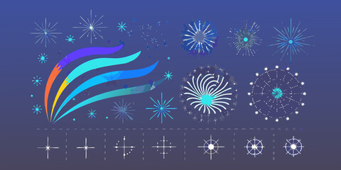 Collection of colorful abstract fireworks and starburst elements on a dark blue background