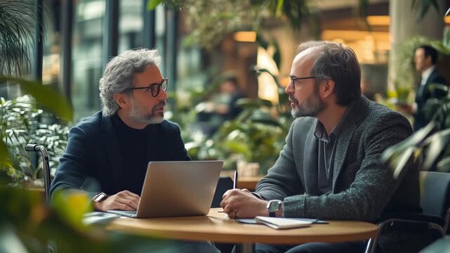 Two businessmen engage in thoughtful conversation while seated at a circular table in a contemporary office filled with greenery. They share insights over a laptop and take notes.
