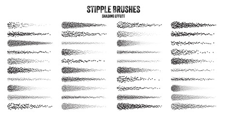 Ink scatter brush, stipple drawing and texturing. Fading gradient. Stippling, dotwork drawing, shading using dots. Halftone disintegration effect. White noise grainy texture. Vector illustration