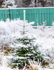 A small evergreen tree, covered in snow, stands in a snowy yard next to a teal wooden fence