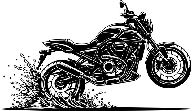 Dynamic motorcycle blasting through water spray creating exciting splashes, perfect for action sports and adventure themes.