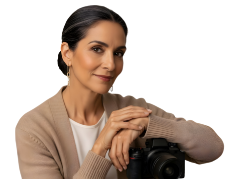 Portrait of Mature Woman Photographer with Camera Gray Hair Professional Confident Female Photo Hobby Passion Studio Photography Business Creative