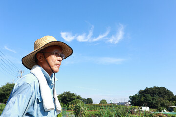 畑で作業するシニア男性