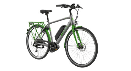 Fototapeta premium Green and gray electric bicycle ready for riding isolated PNG with Transparent Background