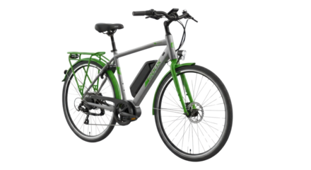 Green and gray electric bicycle ready for riding isolated PNG with Transparent Background