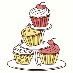 Illustration of a tiered stand with cupcakes