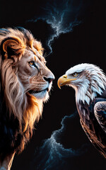 Lion And Eagle Facing Off With Lightning Background