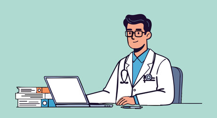 Healthcare Professional Working at Desk with Medical Files and Laptop