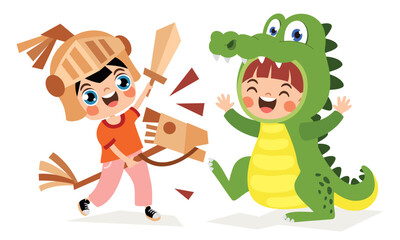 Cartoon Kid Wearing Cardboard Costume