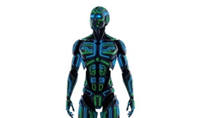 Futuristic humanoid robot with blue glowing details isolated PNG with Transparent Background