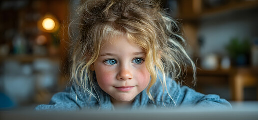 School kid little girl learning and looking at laptop computer making homework studying knowledge with online education e-learning system.children video conference with teacher tutor at home