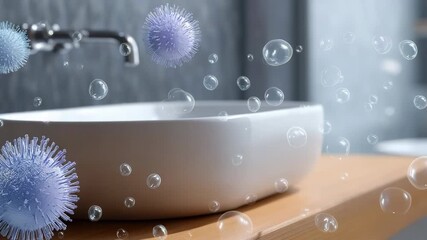 Microscopic view of germs and bubbles in modern bathroom environment