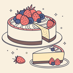 Delicious cheesecake with fresh strawberries and blueberries on a plate