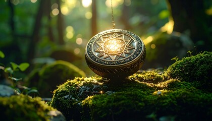 Glowing Object Hanging in a Forest with Green Moss and Bokeh