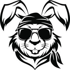 Animated rabbit face with sunglasses and headscarf exudes a cool, playful vibe in black