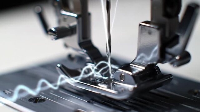 ​A macro shot of a sewing machine needle rapidly moving. The thread it pulls is a shimmering, ethereal beam of light that weaves and stitches patterns directly into the air.
