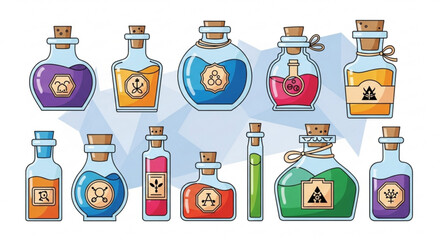 Collection of colorful cartoon potion bottles with various shapes and labels filled with different liquids