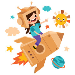 Cartoon Kid Wearing Cardboard Costume